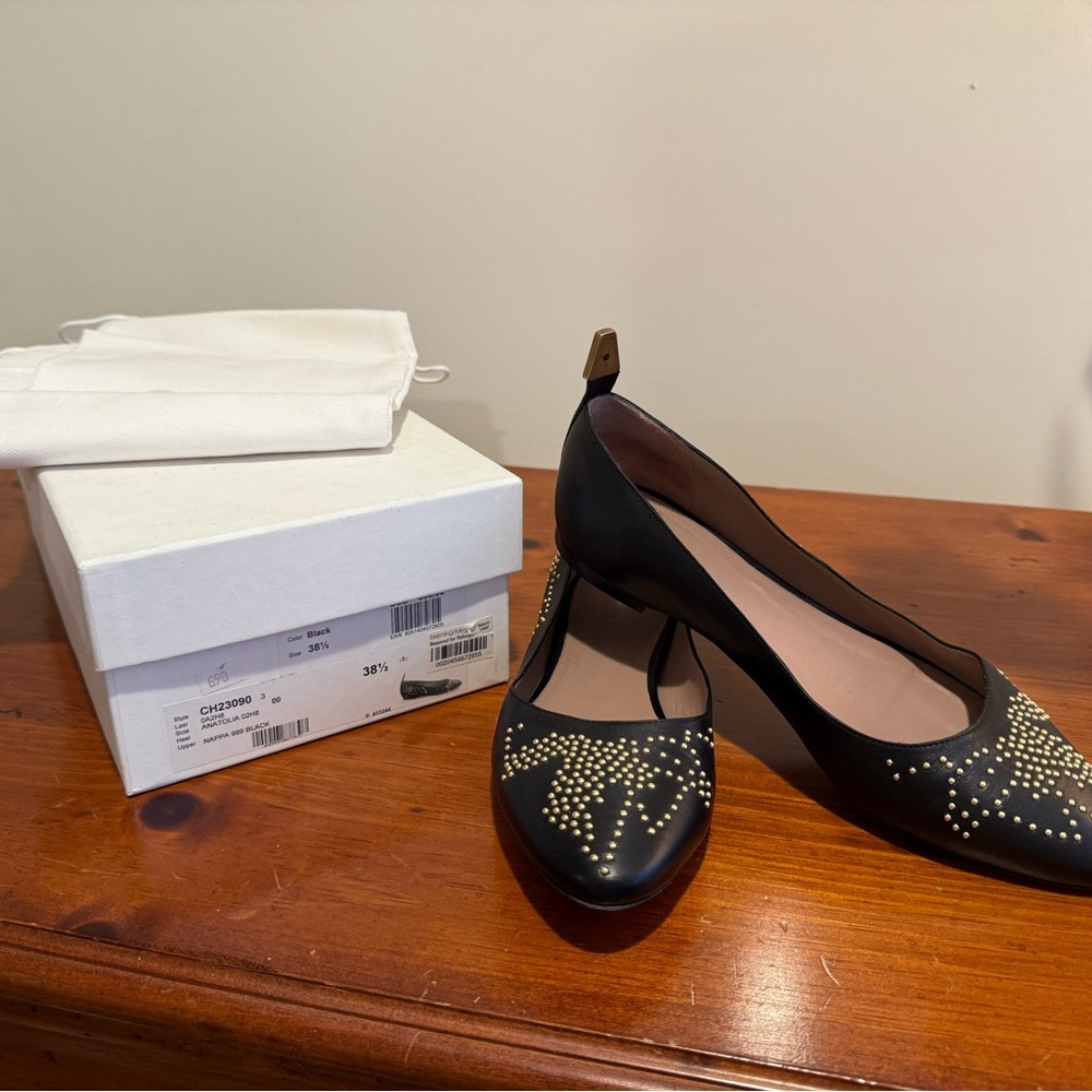 Chloe Black and Gold Studded Flats